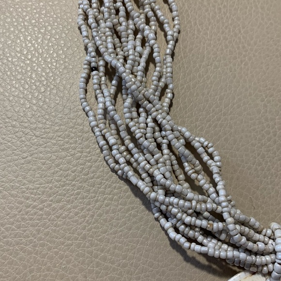 White Beaded Necklace With Stone Disc Pendant - Picture 3 of 5